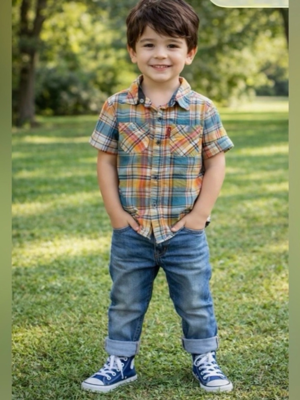 Levi’s Boys Plaid Short-Sleeve Button-Up Shirt - Blue, Orange & Yellow